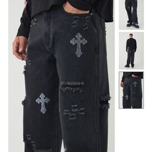 Boohoo Men's Black Ripped Jeans with Cross Embellishments